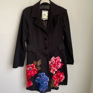 Paparazzi by Biz Black Coat with Red and Blue Floral Embroidery Size Small